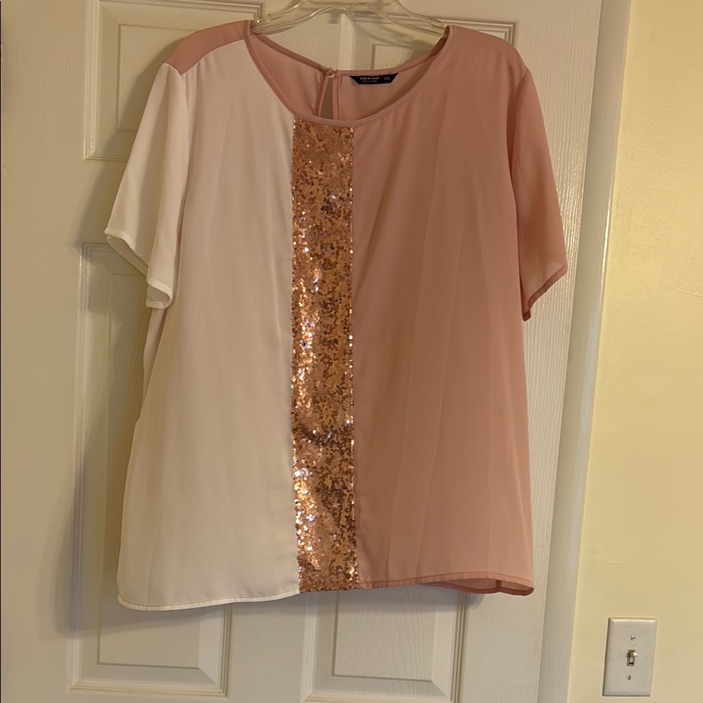 Avenue Pink and White Sequin Short Sleeve Blouse